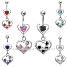 316L Surgical Steel 14 Guage Double Heart Dangle Navel Belly Bar Ring Body Jewelry Piercing BER-013